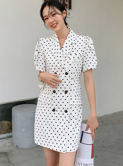 White Polka Dot Puff Sleeve Mini Blazer Dress