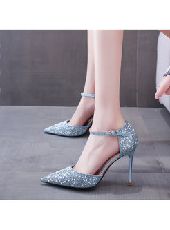 Pointed Toe Ankle Strap Rhinestone Party Heels