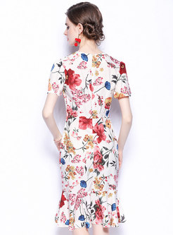 Flower Print Sheath Peplum Dress