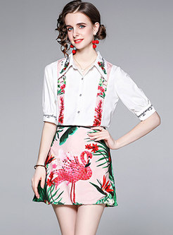 Turn-down Collar Print High Waisted Mini Skirt Suits