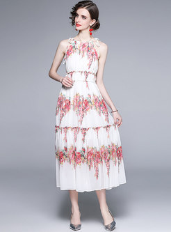 White Boho Halter Print Beach Maxi Dress