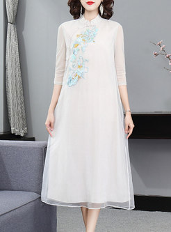 Mandarin Collar 3/4 Sleeve Embroidered Shift Dress