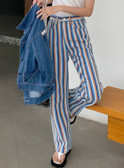 High Waisted Color-blocked Striped Straight Jeans