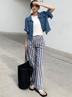 High Waisted Color-blocked Striped Straight Jeans