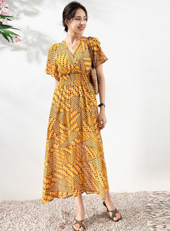 Chic V-Neck Print Chiffon Blouson Dress