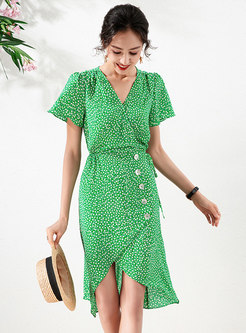 Vintage Green Floral Drawcord Irregular Summer Dress