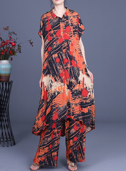 Plus Size Print High Waisted Loose Pant Suits