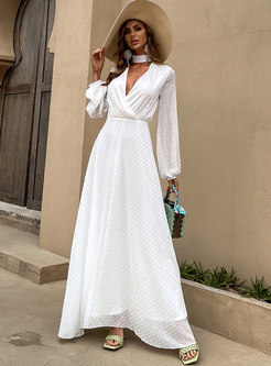 White V-neck Long Sleeve Big Hem Chiffon Maxi Dress
