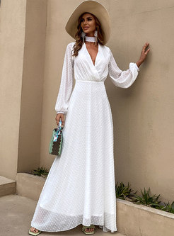 White V-neck Long Sleeve Big Hem Chiffon Maxi Dress
