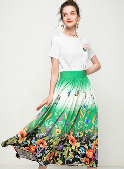 Pullover Flower Embroidered T-shirt & Print Maxi Skirt