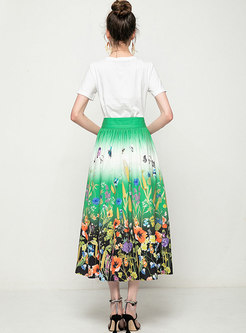 Pullover Flower Embroidered T-shirt & Print Maxi Skirt