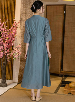 Vintage Embroidered V-Neck Half Sleeve A Line Dress