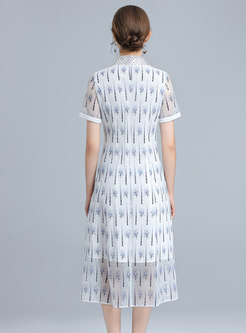 Elegant Turn-Down Collar Embroidered Mesh Dress