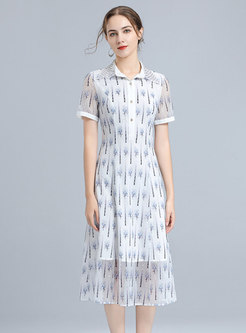 Elegant Turn-Down Collar Embroidered Mesh Dress