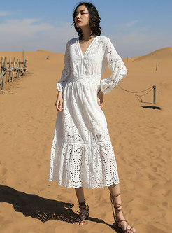 White Lantern Sleeve Openwork Beach Dress