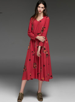 Vintage V-Neck Drawcord Red Dress