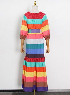 Boho V-neck Lantern Sleeve Striped Maxi Dress