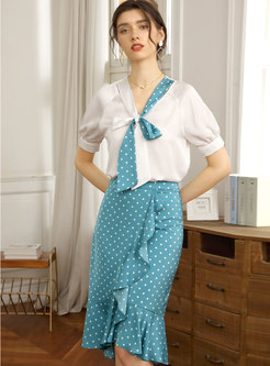 Blue High Waisted Polka Dot Sheath Ruffle Skirt