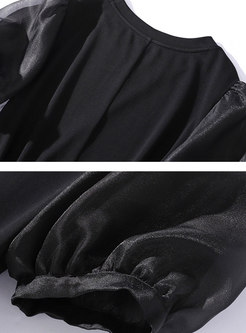 Brief Black Patchwork Puff Sleeve High-low Dress