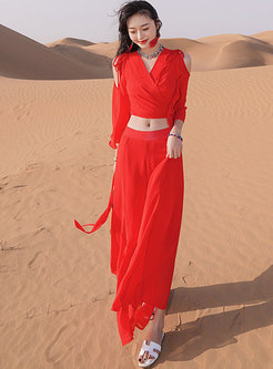 Red Cold Shoulder High Waisted Wide Leg Pant Suits