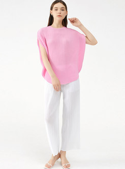Crew Neck Batwing Sleeve Pullover Pleated T-shirt