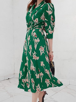 Green Print Double-breasted A Line Midi Dress
