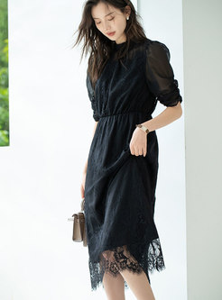 Black Puff Sleeve Lace Patchwork Midi Dress