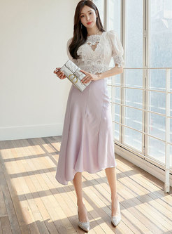 Sweet Lace Puff Sleeve Patchwork Asymmetric Skirt Suits