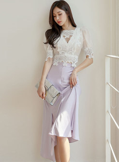 Sweet Lace Puff Sleeve Patchwork Asymmetric Skirt Suits