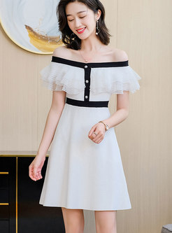 Off-the-shoulder Ruffle Patchwork A Line Knitted Dress