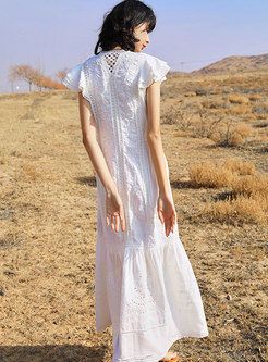 Boho White V-neck Openwork Split Maxi Dress