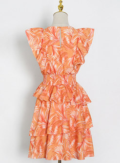 Orange Chiffon V-Neck Ruffle Mini Layer Dress