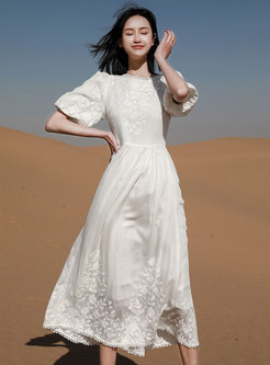 White Embroidered Puff Sleeve Maxi Dress