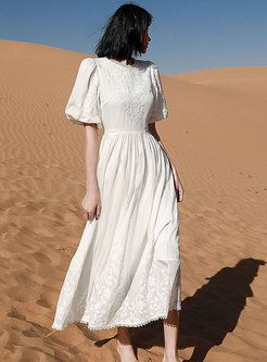White Embroidered Puff Sleeve Maxi Dress