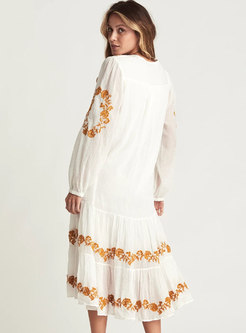 Boho White V-neck Embroidered Shift Midi Dress