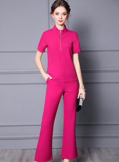 Solid Mock Neck Pullover Flare Pant Suits