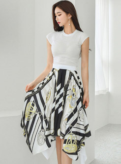 Short Sleeve Pullover T-shirt & Asymmetric Print Midi Skirt