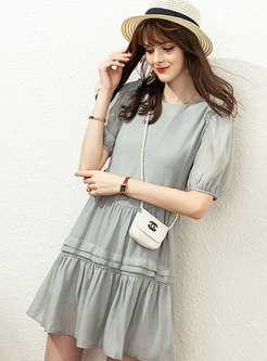 Crew Neck Puff Sleeve Solid A Line Dress