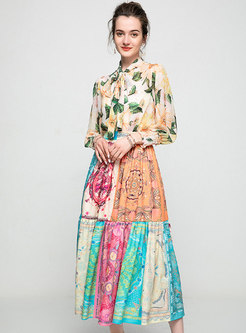 Long Sleeve Print Blouse Maxi Skirt Suits