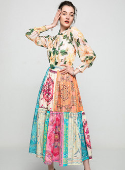 Long Sleeve Print Blouse Maxi Skirt Suits