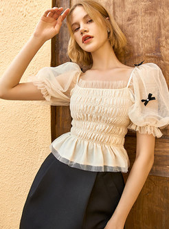 Sweet Square Neck Puff Sleeve Bowknot Blouse