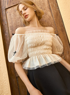 Sweet Square Neck Puff Sleeve Bowknot Blouse
