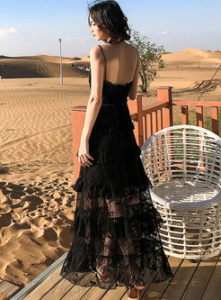 Black Sexy Backless Lace Layer Maxi Dress