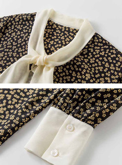 Bowknot Mock Neck Long Sleeve Print Silk Blouse