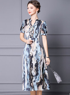 V-neck Short Sleeve Print Big Hem Midi Dress