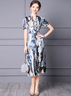 V-neck Short Sleeve Print Big Hem Midi Dress