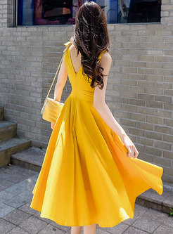 Yellow V-Neck Strappy Cinched Waist Skater Dress