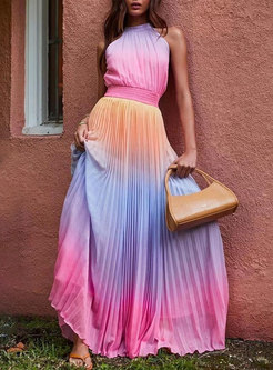 Halter Color-blocked Belted Chiffon Maxi Dress