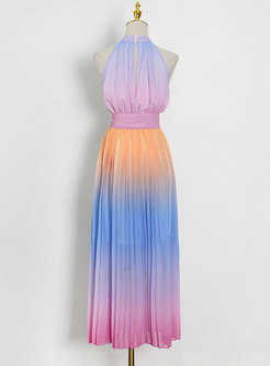 Halter Color-blocked Belted Chiffon Maxi Dress