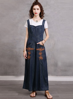 Square Neck High Waisted Embroidered Denim Overalls